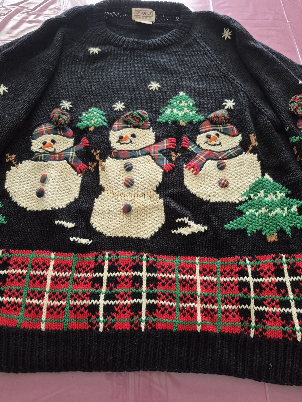 Vintage Festive Black Snowman Crewneck Holiday Christmas Sweater Plaid M